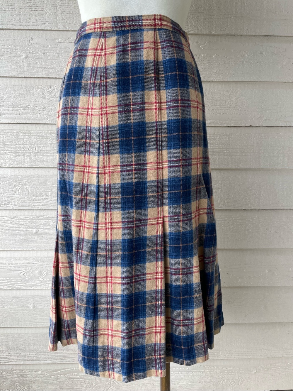 Vintage Pendleton Wool Tweed Plaid Pleated Midi Skirt Blue Beige Red Size 16W